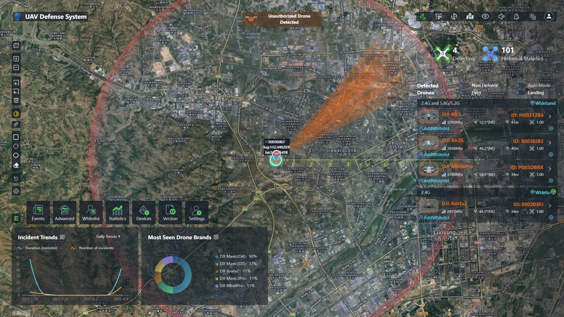 Interface do software de defesa antidrones com mapa e alvos detectados