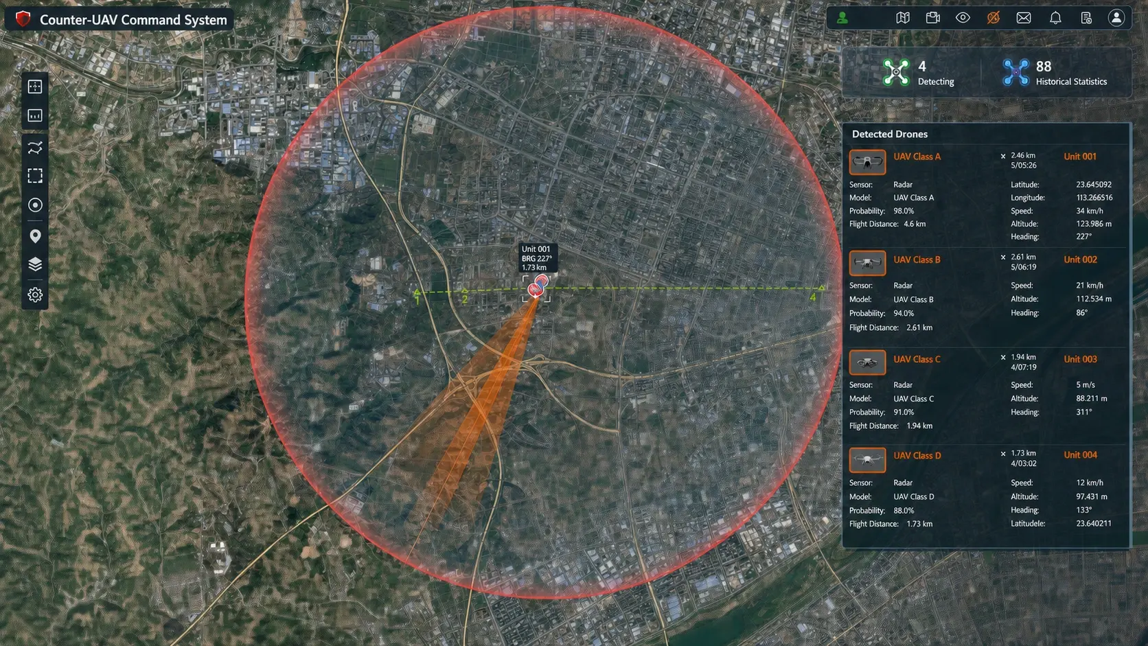 Software exibindo trajetória real de drones detectados