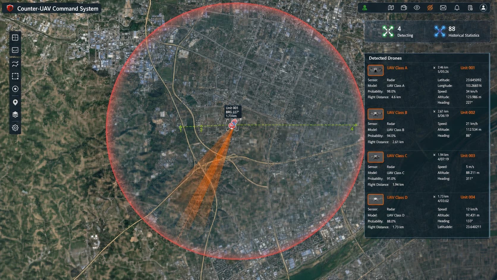 Software exibindo trajetória real de drones detectados
