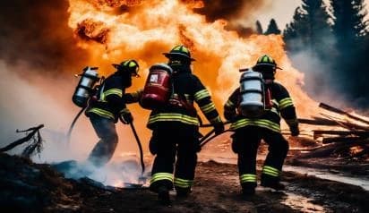 Equipe de resgate operando em incêndio industrial