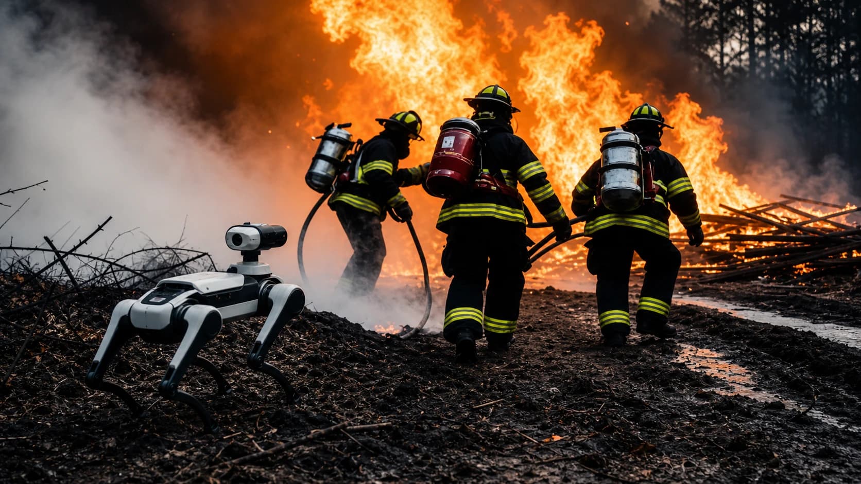 Equipe de resgate operando em incêndio industrial